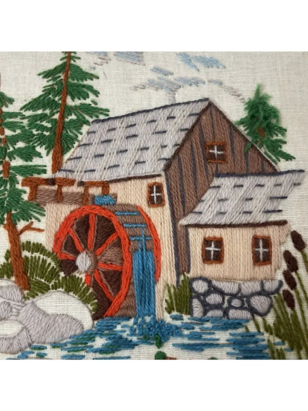 Vintage Hand Embroidered Scenic Watermill Textile Art Rustic Decor Nature Motif